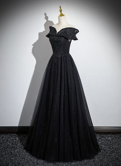 Robe de soirée trapèze noire en tulle et dentelle à épaules dénudées